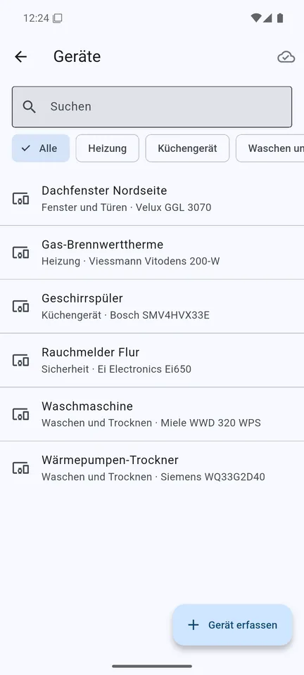MyLiva-App: Liste der Geräte eines Hauses mit Kategorie, Hersteller und Modell