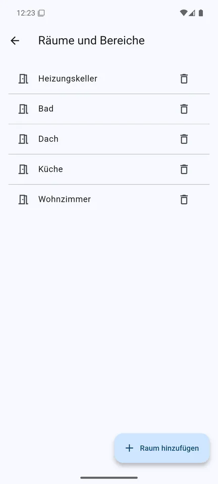 MyLiva-App: Räume und Bereiche wie Heizungskeller, Bad, Dach, Küche und Wohnzimmer